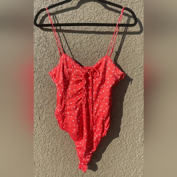 Zara Womens Satin Star Print Red White Stars Lace Up Snap Bottom Bodysuit Size M - Picture 13 of 13